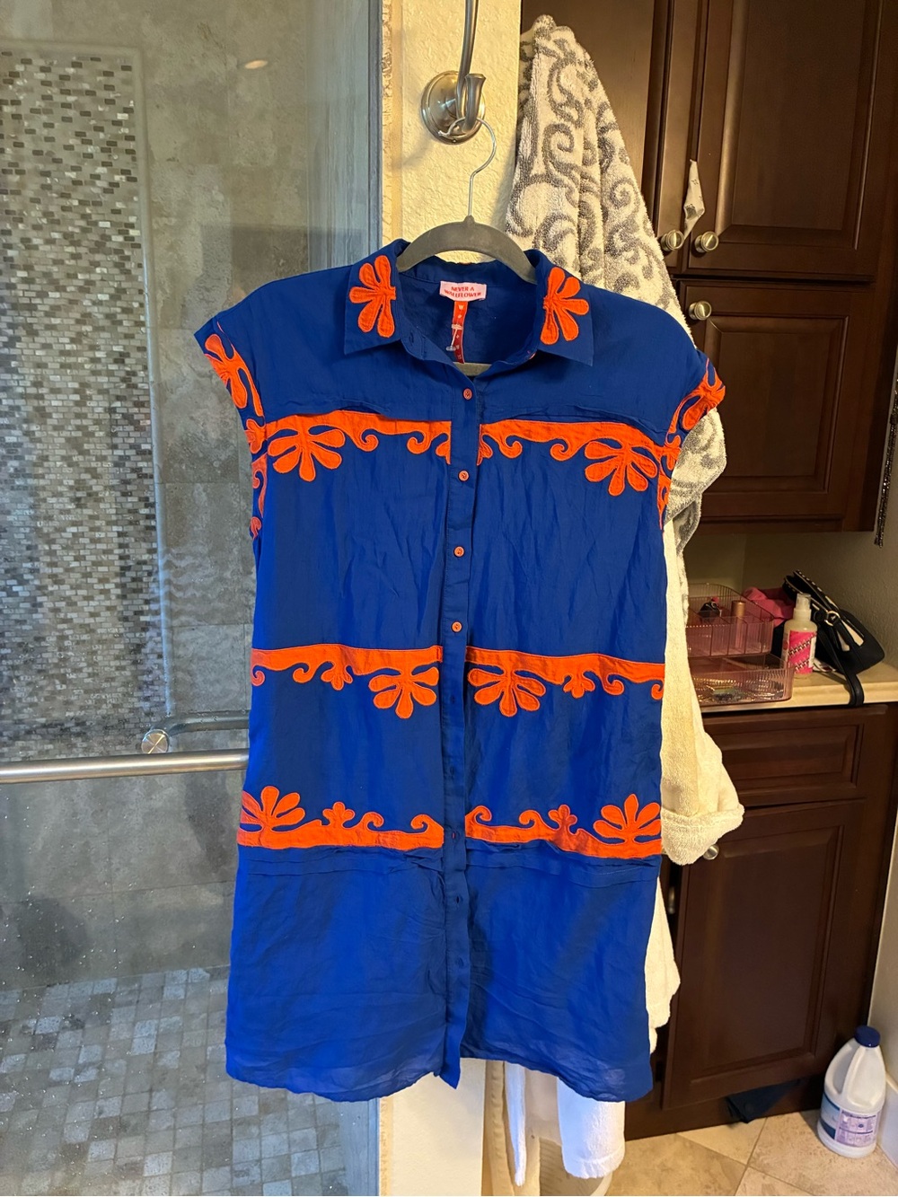 Never a wallflower Royal Blue Mini Dress with Orange Floral Trim